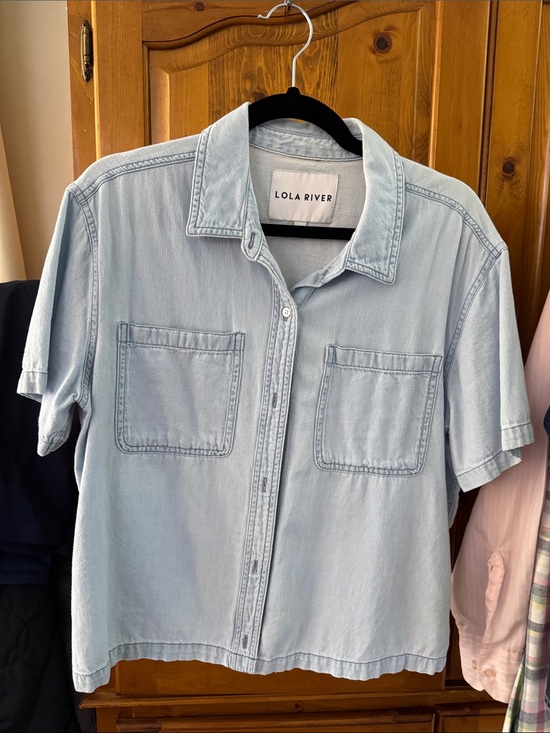 Lola River Tops - Lola River Light Wash Denim Short-Sleeve Button-Down Shirt